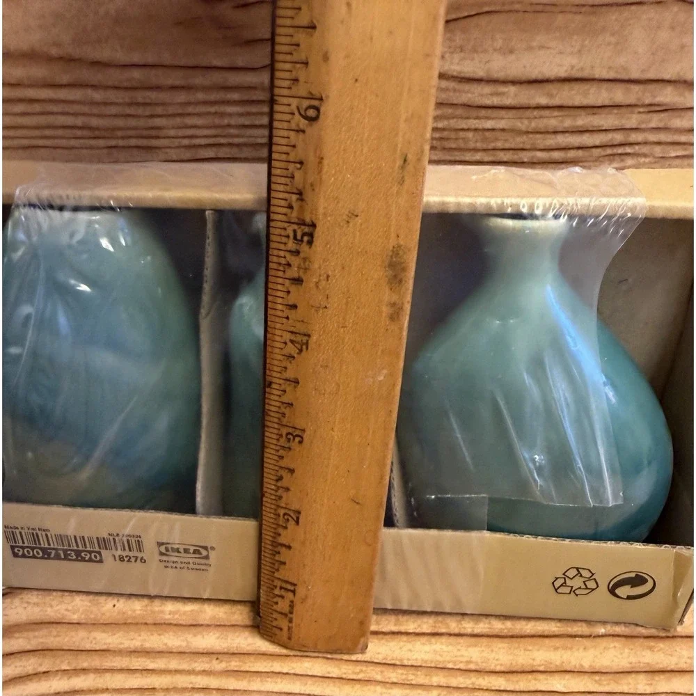 New Vtg IKEA Set‎ Of 3 Green Miniature Vases Curved Iridescent Swirls